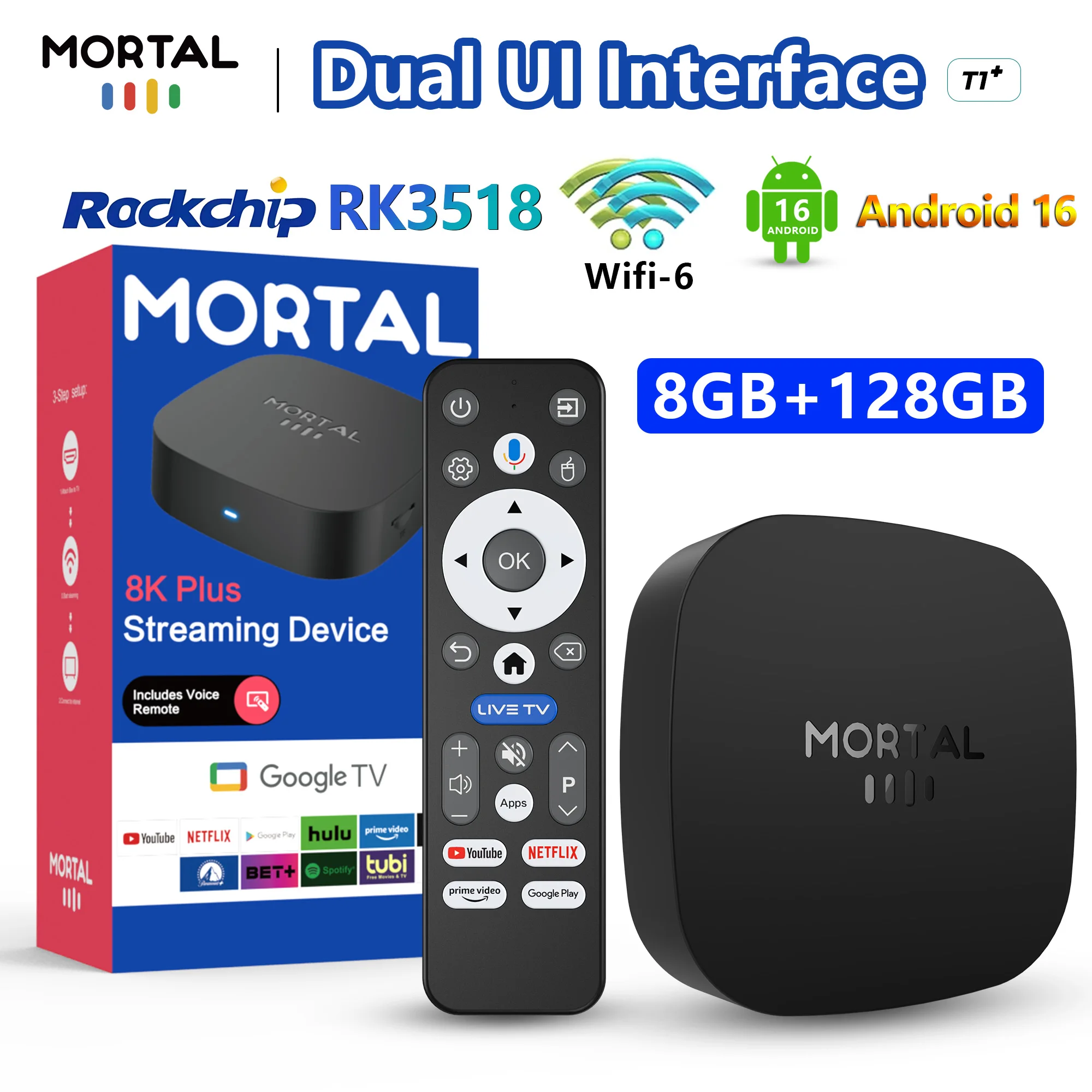 Mortal T1+ RK3518 Rockchip 스마트 TV 박스 BT5.4 안드로이드 16.0 ROM 128GB RAM 8GB Wifi6 8K 음성 보조 미디어 플레이어 TV 박스