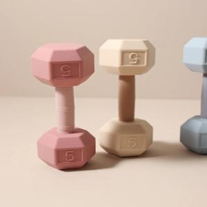 2-in-1 바벨 모양 실리콘 치발기 아기 딸랑이 장난감 소리나는 5kg