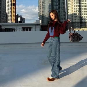 지젤 레트로 하이 웨이스트 블루 자수 청바지 다용도 루즈 스트레이트 레그 롱 팬츠 패셔너블 여성 의류