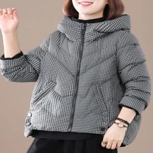 두꺼운 화이트 덕다운 겨울 코트 큰 사이즈 후드 플리스 안감 플래드 여성용 포켓 손수건 패셔너블 캐주얼웨어