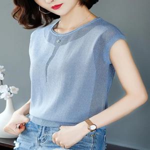 여름 신상 여성 반팔 티셔츠 루즈핏 얇은 아이스 실크 니트 셔츠 민소매 조끼 포켓 손수건 탑