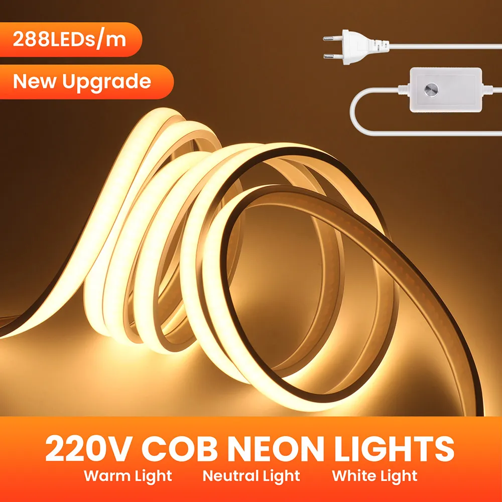 디밍이 가능한 COB LED 네온 스트립 조명 220V 조광기 스위치 전원 키트 고밀도 288 LED 선형 조명 IP68 방수 플렉스 리본
