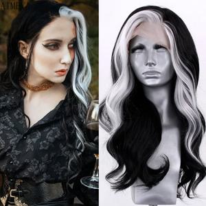 긴 하이라이트 가발 13X4 합성 레이스 프론트 가발 여성용 바디 웨이브 레이스 가발 흰색과 검정색 Ombre Pre Plucked Cosplay Wig