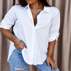 플러스 사이즈 1XL-8XL 여성용 긴팔 v 넥 버튼 업 셔츠 캐주얼 솔리드 컬러 탑 패션 루즈 캐주얼 블라우스