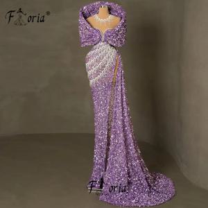 하이 이벤트 보라색 무거운 구슬 인어 이브닝 드레스, 스팽글 술, 보라색 포장 어깨 웨딩 파티 가운, 두바이 베스티도
