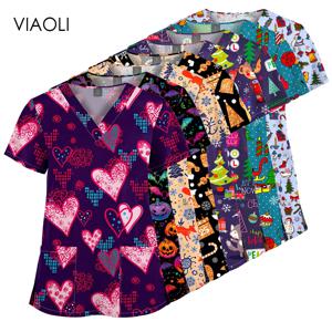 스크럽 유니폼 인쇄 스크럽 탑, 여성 남성 병원 수술 스크럽, 뷰티 유니폼 간호사 크리스마스 인쇄 V넥 티셔츠