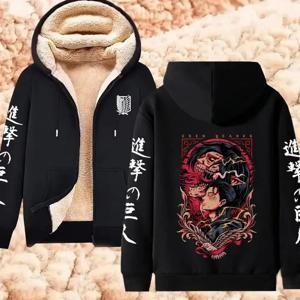 타이탄에 대한 공격 겨울 따뜻한 지퍼 자켓 애니메이션 프린트 후드 남성 여성 Thicken Zip Up 스웨터 하라주쿠 힙합 streetwear