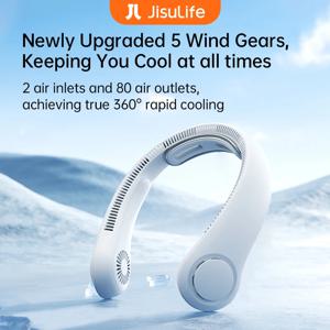 JISULIFE 휴대용 목 선풍기 업그레이드, 5000mAh 배터리, 넥서포트, 5 단 기어 조정, 야외 웨어러블 핸즈프리 선풍기