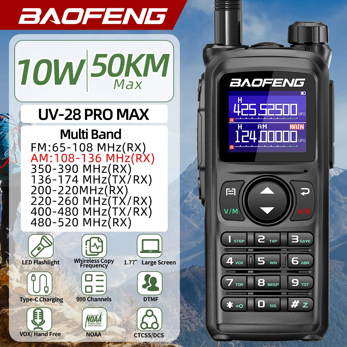 BAOFENG UV-28 프로 맥스 워키토키, 10W 멀티 밴드 999CH 무선 복사 주파수, 장거리 C 타입 AM FM UHF NOAA 양방향 라디오