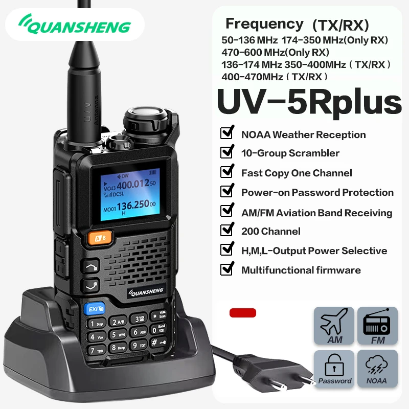 Quansheng UV5Rplus 워키토키, 풀 밴드 항공 밴드, 휴대용 야외, 자동 원 단추 주파수 매칭, 가도, TR