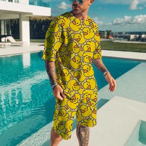 귀여운 오리 3D 프린트 티셔츠 반바지 세트 남성용 캐주얼 패션 루즈한 반팔 티셔츠 바지 세트 남성용 경량 및