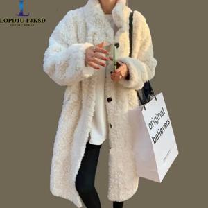 여성용 가짜 양고기 모피 코트, 싱글 브레스트 롱 자켓, 오 넥 오버 코트, 여성 의류, 가을, 겨울, 신작, 2025