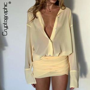 암호 패션 시스루 셔츠, 미니 원피스 플레어 슬리브, 섹시한 클럽 파티 붕대 구김 라펠 드레스 의상