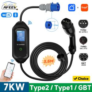 AFEEV 7KW 휴대용 EV 충전기 Type2/Type1/GBT 전기 자동차 충전기 32A 1상 고속 충전 케이블 WiFi APP Bluetooth 제어