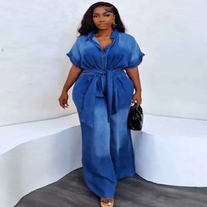 여성용 데님 점프 슈트 소프트 데님 원단 원피스 점프 슈트 하이 웨이스트 블루 와이드 점프 슈트 포켓 여성용 여름 의상