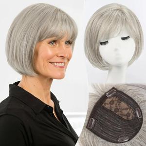 짧은 6.5*6.5인치 대형 베이스 헤어 피스 실버 그레이 인간 헤어 토퍼 여러 미끄럼 방지 클립이 있는 여성용 10인치 토퍼
