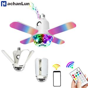 E27 LED 전구 팬 네 잎 블레이드 음악 램프 블루투스 스피커 접이식 LED 전구 천장 조명 (리모컨 포함)
