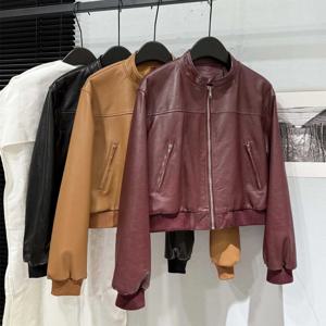 100% 진짜 가죽 모토 & 바이커 자켓 2025 봄 빈티지 와인 레드 여성 스탠드 칼라 지퍼 첫 번째 레이어 양피 자켓 코트