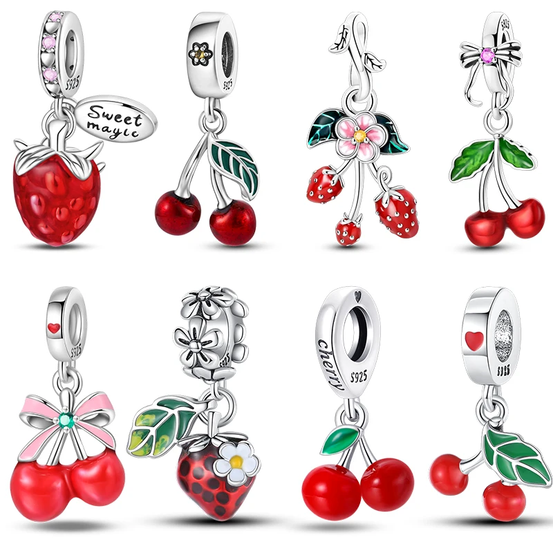 925 스털링 실버 체리 딸기 애플 수박 매력 비즈 맞는 Pandach 원래 팔찌 DIY 생일 보석 만들기