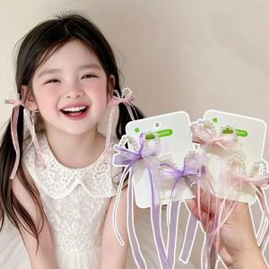 2 개/대 아기 소녀를위한 달콤한 진주 활 헤어 클립 귀여운 요정 긴 리본 머리 장식 공주 키즈 헤어 액세서리 머리 장식