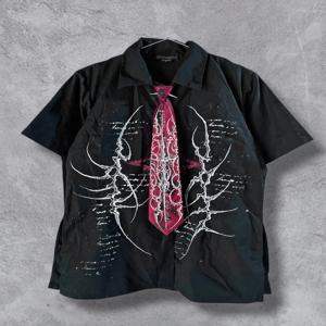 Y2K 블랙 셔츠 타이 수트 아플리케이션 뉴 레트로 하라주쿠 남성 스컬 성경문구 프린팅 티셔츠 패션 고딕 반팔 탑