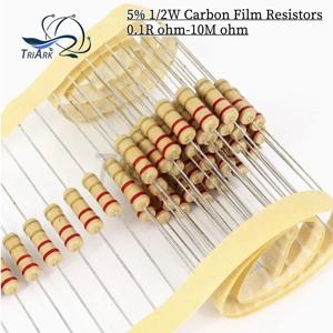 50PCS 1/2W 5% 0.1R~10M 탄소 필름 저항기 100R 220R 1K 1.5K 2.2K 3K 4.7K 10K 22K 47K 100K 1M 100 220 2K 4K7 옴 저항
