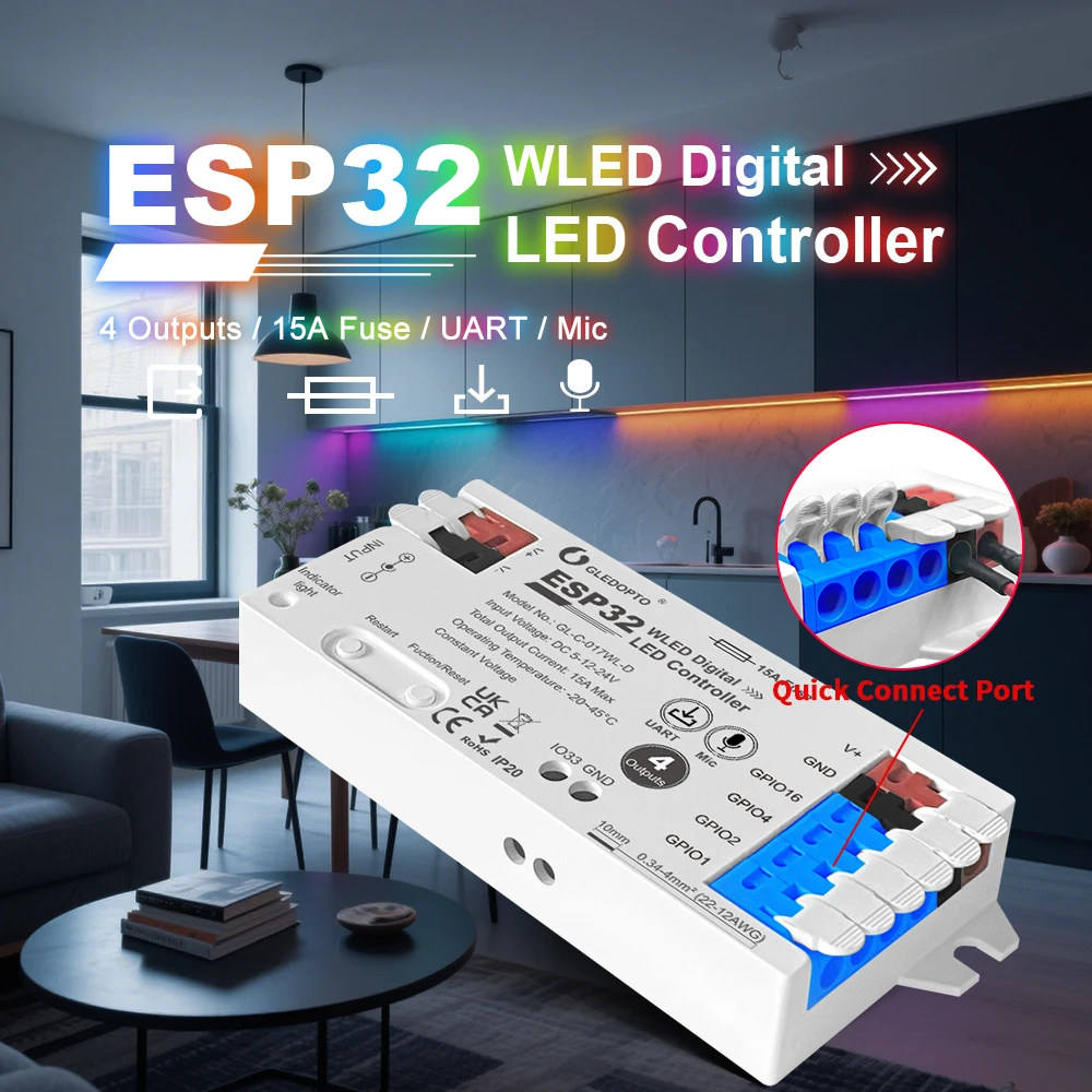 ESP32 WLED 스트립 컨트롤러 4채널 출력 15A 퓨즈 링크 레벨 시프터 UART 다운로드 DIY 다이나믹 조명 모드 음성 제어