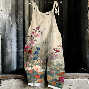 새로운 여성 슬링 바디 슈트 바지 민소매 꽃 프린트 와이드 레그 팬츠 캐주얼 야외 느슨한 백 레스 편안한 통기성