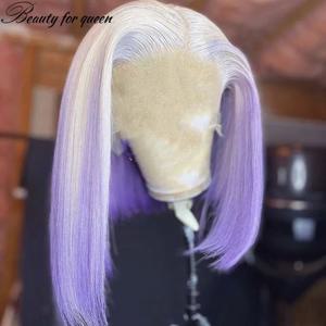60개의 보라색 짧은 밥 가발, 13x4 레이스 프론트 인모 가발 (여성용), 옴브레 금발 브라질리언 스트레이트 밥 가발 (미리 뽑아낸)