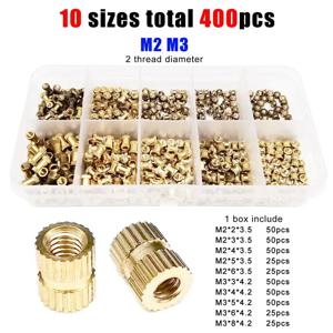 400pcs 사출 성형 널링 인서트 너트 임베디드 너트 서트 모듬 키트 세트 10 믹스 사이즈 M2 M3 솔리드 황동 구리
