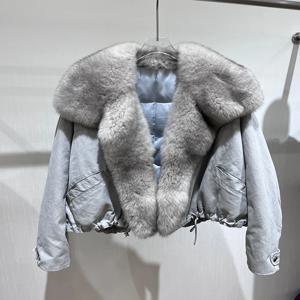 2025 신상 겨울 여성 구스 다운 재킷 고급 여성 천연 리얼 폭스 퍼 칼라 코트 데님 재킷 아우터