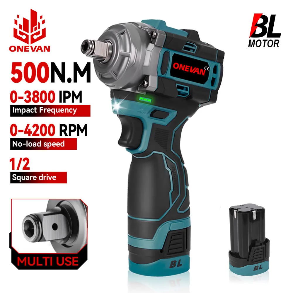 ONEVAN 800W 브러시리스 전기 임팩트 렌치 1/2인치 무선 휴대용 전기 렌치 스크루드라이버 공구 리튬 이온 배터리