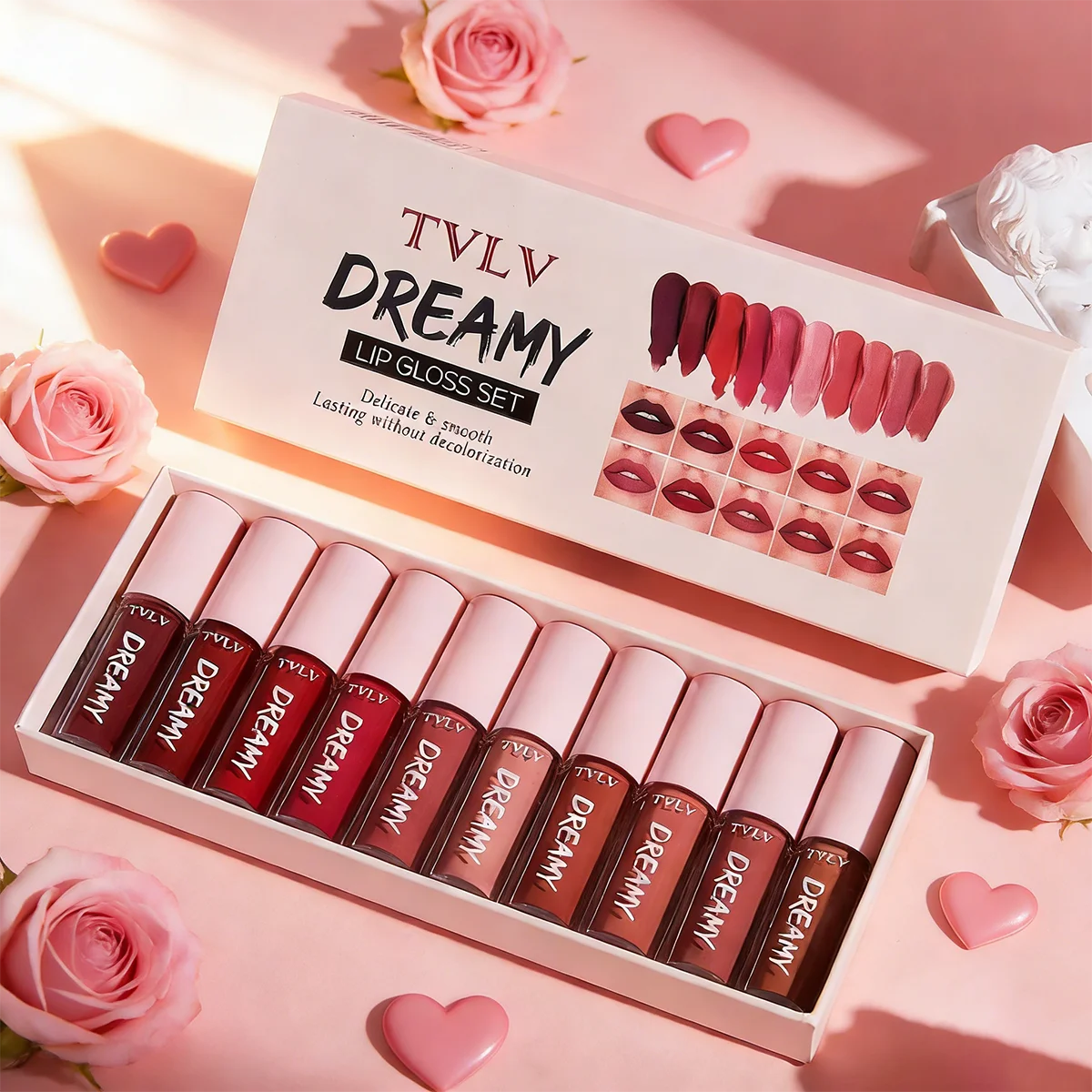 10개/세트 립글로스 벨벳 립스틱: 방수 및 오래 지속되는 립글로스 여성용 보습 세트 발렌타인데이 선물