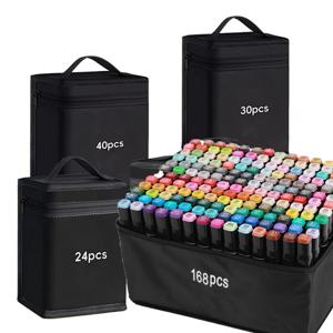 대용량 캔버스 마커 펜 보관 가방 - 수채화 펜 및 문구류용 지퍼 필통(블랙, 휴대용)