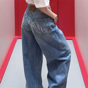 여성용 라지 사이즈 아메리칸 레트로 라인스톤 레터 청바지, 여름 신상 슬림핏 루즈핏 와이드 레그 팬츠, 플로어 기장 팬츠