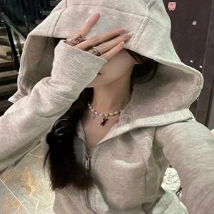 레트로 아메리칸 화이트 그레이 슬림핏 후드 재킷 여성용 얇은 가을 지퍼 허리 조절 오픈 가디건 탑