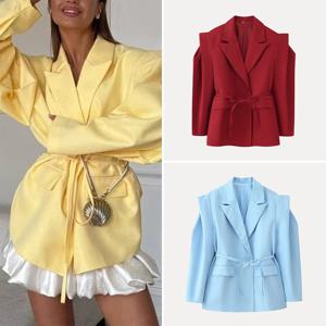 2025년 여름 여성용 솔리드 컬러 와이드 숄더 벨트 플라잉 슬리브 수트 재킷 통근 스타일 루즈핏 긴소매