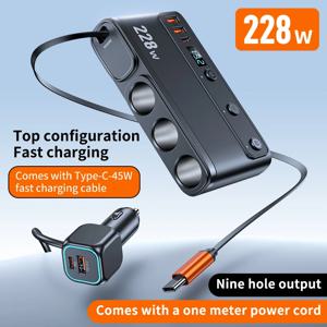 9 in 1 담배 라이터 분배기 228W USB C 차량용 충전기 어댑터 QC3.0 PD45W 텔레스코픽 케이블 LED 전압 디스플레이 12V/24V