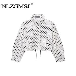 NLZGMSJ 여성용 폴카 도트 짧은 재킷 여성용 스탠드 칼라 지퍼 탑 짧은 세트 여성 캐주얼 루즈 코트