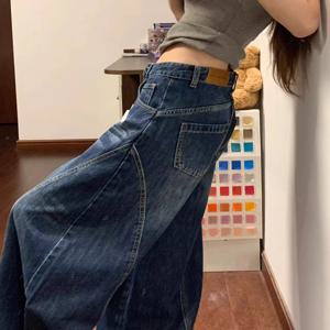 딥 블루 하이웨이스트 와이드 레그 데님 진 여성용 2025년 초가을 신상 아메리칸 스타일 루즈핏 디자인 감각적인 롱 팬츠