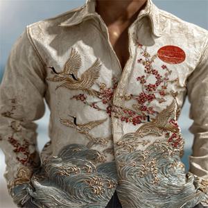남성용 캐주얼 플라워 3D 동물 프린트 긴팔 셔츠 라펠 리드 긴팔 버튼 디테일 하와이안 스타일 프린트