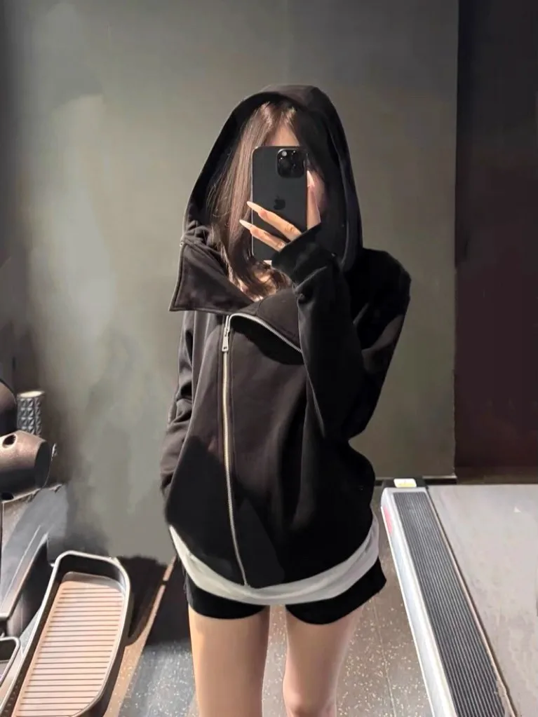 블랙 후드 스웨트셔츠 여성용 슬림핏 디자인 턴다운 칼라 아메리칸 스타일 오픈 가디건 아우터웨어 숏 코트 통근 스타일