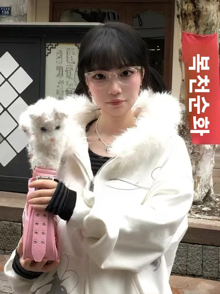 2025 신상 화이트 퍼 칼라 지퍼 후드 스웨트셔츠 자켓 여성 가을 겨울 아메리칸 스타일 루즈핏 고급스러운 느낌의 탑