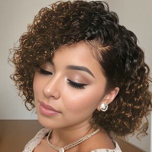 13x4 레이스 프론트 가발 픽시 컷 가발 인모 딥 웨이브 가발 짧은 곱슬머리 자연스러운 여성용 가발