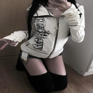 하라주쿠 Y2K 고딕 후드 코트 여성 2025 가을 신상 캐주얼 올매치 재킷 서브컬쳐 일본 블랙 탑스 여성 스웨트셔츠