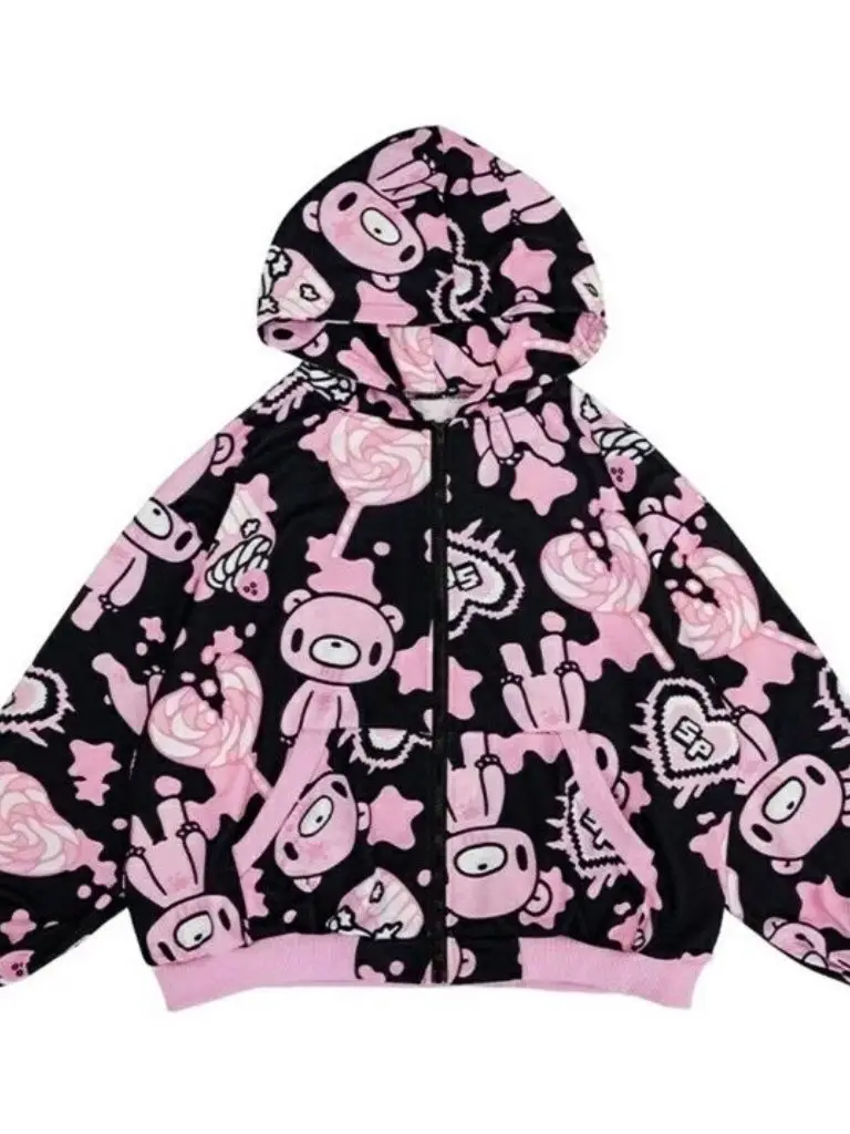 스트릿 스타일 하라주쿠 베어 후드 재킷 스윗 쿨 캔디 핑크 바이올런트 베어 서브컬쳐 스웨트셔츠 코트 여성용 루즈핏 긴팔