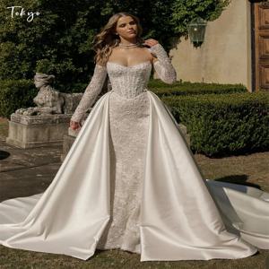 도쿄 맞춤형 화이트 머메이드 웨딩드레스 스트랩리스 백 지퍼 브라이덜 가운 우아한 탈부착 가능한 소매 트레인 웨딩드레스