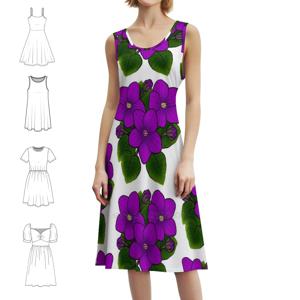 여성을위한 흰색 보헤미안 민소매 드레스에 보라색 아프리카 바이올렛 인쇄 해변 파티 드레스 바이올렛 바이올렛 아프리카 아프리카