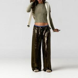 여성 패션 스트리트 스팽글 팬츠 부드러운 신축성 로우 웨이스트 와이드 레그 Y2K 바지 2025 신상 여성 가을 겨울 출퇴근 아우터