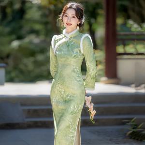 두꺼운 양털 겨울 긴팔 중국풍 치파오 여성용 빈티지 신상 그린 컬러 2025 신상 겨울 패션